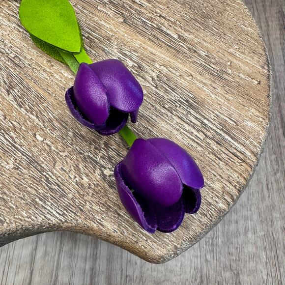 Leather Purple Tulip Purse Charm Genuine Leather Tulip Flower Bag Charm - Picture 4 of 5